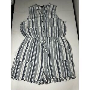 Kelly Renee Romper Large Linen Blend Blue White Stripe Pockets Sleeveless Sz XL